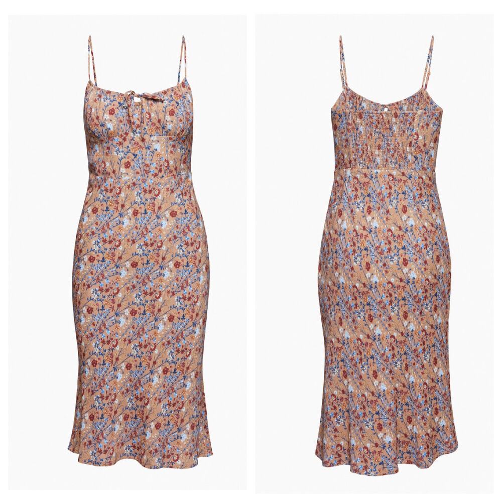 Wilfred Midi Dress Brown Floral Bello Gathered Bust Spaghetti Strap